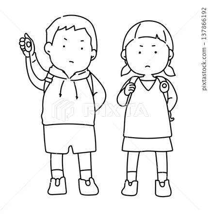 Elementary school boys and girls equipped with personal safety alarms (line drawing) Elementary school boys and girls equipped with personal safety alarms (line drawing) 137866192