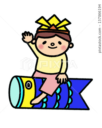 A boy wearing a samurai helmet waves his hand high while riding on a carp streamer. A boy wearing a samurai helmet waves his hand high while riding on a carp streamer. 137866194