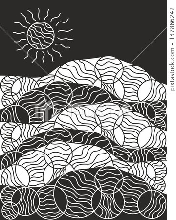 Mountain Landscape with circle shapes. Vector Illustration. Scenic Nature View. Minimalist Outdoor Design in Black and White Silhouette Style. Ornamental sun on black background. Mountain Landscape with circle shapes. Vector Illustration. Scenic Nature View. Minimalist Outdoor Design in Black and White Silhouette Style. Ornamental sun on black background. 137866242