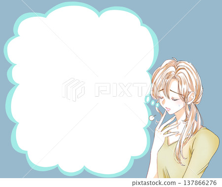 一個女人嘆了口氣，汗流浹背，出現了一個雲朵形狀的對話框。 137866276