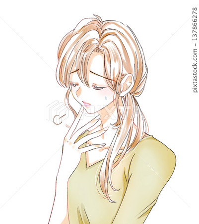 A woman sighs, sweating, and holds her hand to her mouth. A woman sighs, sweating, and holds her hand to her mouth. 137866278