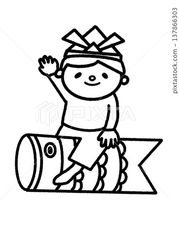 A boy wearing a samurai helmet waves his hand high while riding on a carp streamer. A boy wearing a samurai helmet waves his hand high while riding on a carp streamer. 137866303