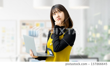A woman/businesswoman thinking with a laptop A woman/businesswoman thinking with a laptop 137866645