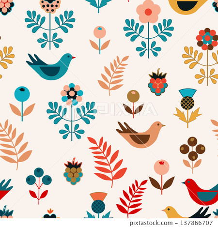 Modern Nordic floral seamless pattern featuring stylized birds and botanicals. Perfect for nursery decor, luxury textiles, and commercial branding. Modern Nordic floral seamless pattern featuring stylized birds and botanicals. Perfect for nursery decor, luxury textiles, and commercial branding. 137866707