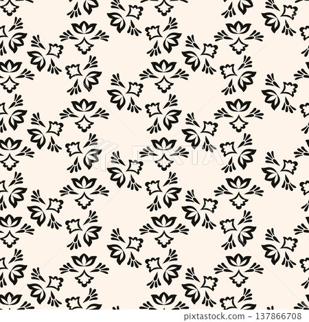 Simple minimalist floral pattern. Minimal seamless texture with small flower shapes. Abstract black and white geometric background. For print, package 137866708