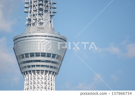Close-up of the Tokyo Skytree observation deck: Blue sky and white steel structure 137866734