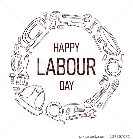 Happy Labour Day greeting card with line art style repair tools. Minimal illustration background for poster, banner and celebration design. 137867075