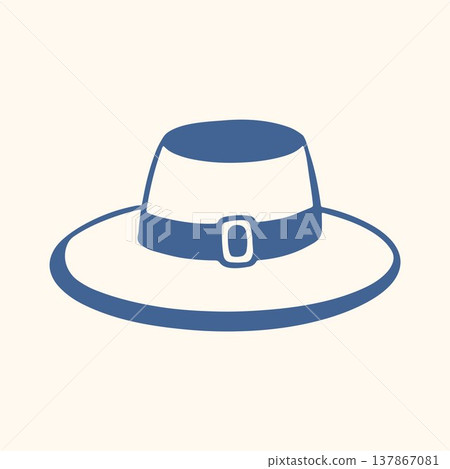 Flat illustration of a classic wide brim hat with buckle band. Simple outline accessory icon for fashion logo, apparel branding and vintage style design. Flat illustration of a classic wide brim hat with buckle band. Simple outline accessory icon for fashion logo, apparel branding and vintage style design. 137867081