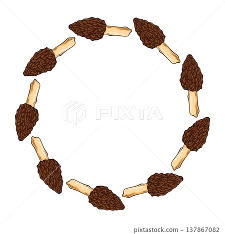 Circular wreath with morel mushroom in cartoon style. Decorative forest food composition isolated on white background for menu design, organic packaging and culinary theme. Circular wreath with morel mushroom in cartoon style. Decorative forest food composition isolated on white background for menu design, organic packaging and culinary theme. 137867082