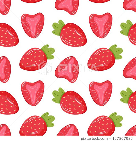 Seamless pattern with strawberry and slices in flat style. Repeating berry background for wallpaper, summer theme packaging and fresh food design. 137867083