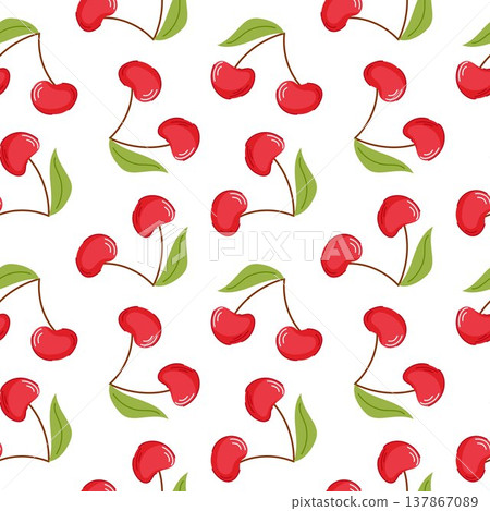 Seamless pattern with red cherry and green leaves in flat style. Repeating fruit background for textile design, wallpaper, packaging and summer theme. Seamless pattern with red cherry and green leaves in flat style. Repeating fruit background for textile design, wallpaper, packaging and summer theme. 137867089