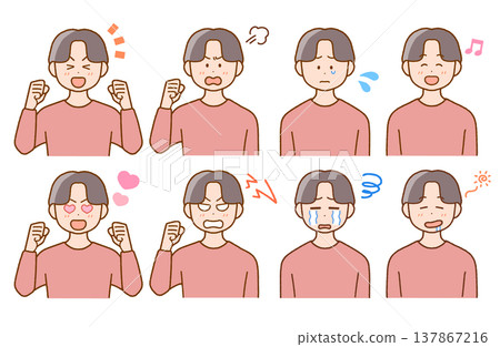 A set of 8 illustrations of young men's facial expressions | Joy, Anger, Sorrow, and Comical A set of 8 illustrations of young men's facial expressions | Joy, Anger, Sorrow, and Comical 137867216