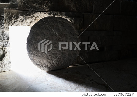 Stone rolled from empty tomb representing resurrection Stone rolled from empty tomb representing resurrection 137867227