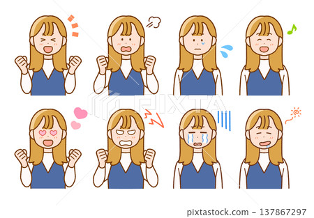 一套8幅描繪年輕女性面部表情的插圖 | 喜悅、憤怒、悲傷和快樂 / 滑稽 一套8幅描繪年輕女性面部表情的插圖 | 喜悅、憤怒、悲傷和快樂 / 滑稽 137867297