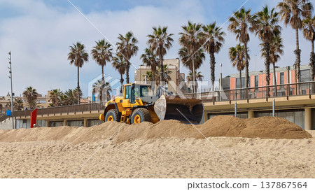 Beach restoration works in Barcelona with excavator and dump truck repairing sand on Mediterranean urban beach 137867564