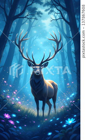 Majestic Stag Standing in an Enchanted Forest with Glowing Flowers 137867608