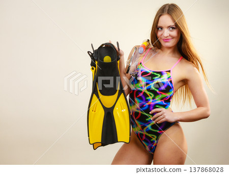 Woman with flippers and snorkeling mask having fun Woman with flippers and snorkeling mask having fun 137868028