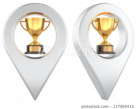 Map pin with gold trophy award inside, side and front views. 3d rendering Map pin with gold trophy award inside, side and front views. 3d rendering 137868418
