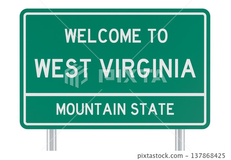 West Virginia, welcome green road sign. 3D rendering West Virginia, welcome green road sign. 3D rendering 137868425