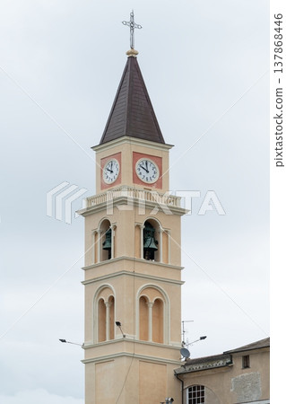 Bell tower of Santuario Nostra Signora del Suffragio in Recco Italy Bell tower of Santuario Nostra Signora del Suffragio in Recco Italy 137868446