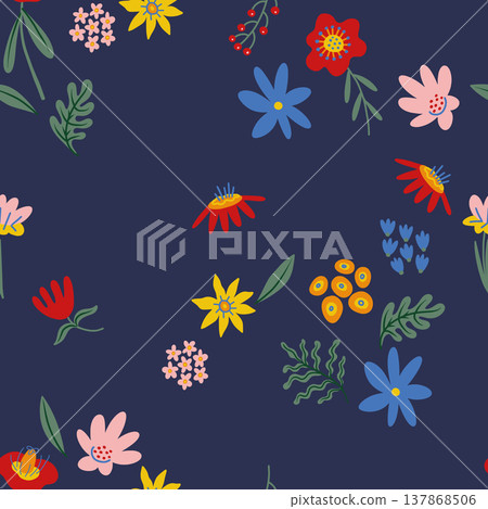 Colorful flowers seamless vector pattern with hand drawn folk botanical elements 137868506