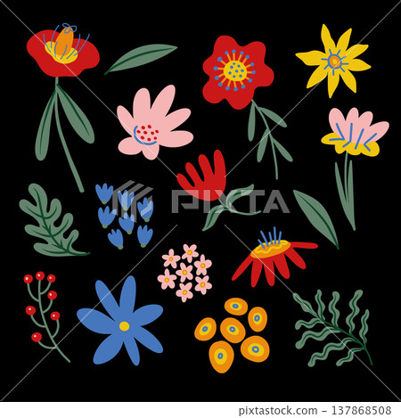 Colorful flowers vector isolated with hand drawn folk botanical elements Colorful flowers vector isolated with hand drawn folk botanical elements 137868508