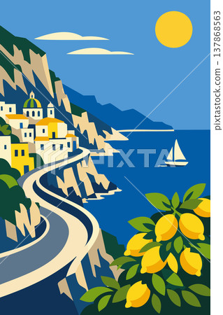 Amalfi Coast Italy Vintage Travel Poster Illustration with Lemons and Sailboat 137868563