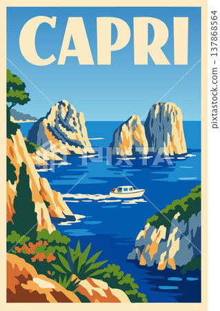 Capri Italy Vintage Travel Poster with Faraglioni Rocks Retro Vector 137868564