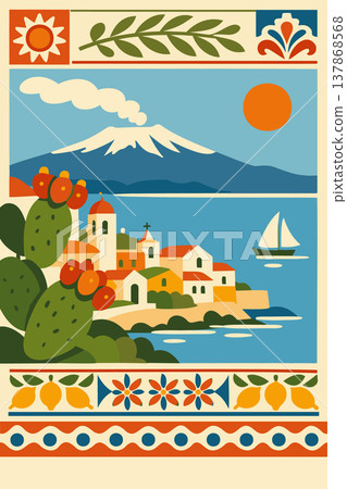 Sicily Travel Poster with Mount Etna Volcano and Mediterranean Village 137868568