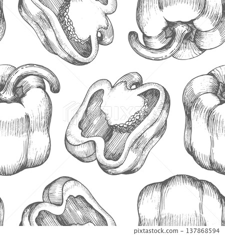 Seamless pattern of the bell peppers. Vector ink styled handmade illustration. For packaging design, cards, cover, prints, product labels and fabric. 137868594