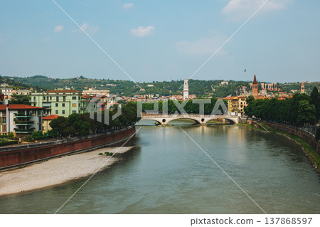 Panoramic cityscape view of Verona old town and Adige river. Panoramic cityscape view of Verona old town and Adige river. 137868597