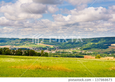 Summer landscape with Arry village, Lorraine France. Summer landscape with Arry village, Lorraine France. 137868673