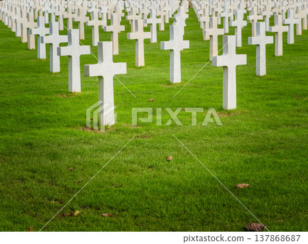 Graves with white crosses arranged in rows on green grass in a memorial cemetery during daylight hours Graves with white crosses arranged in rows on green grass in a memorial cemetery during daylight hours 137868687
