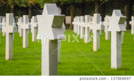 Gravestones stand in a cemetery with a star of David among crosses in the grassy field Gravestones stand in a cemetery with a star of David among crosses in the grassy field 137868697