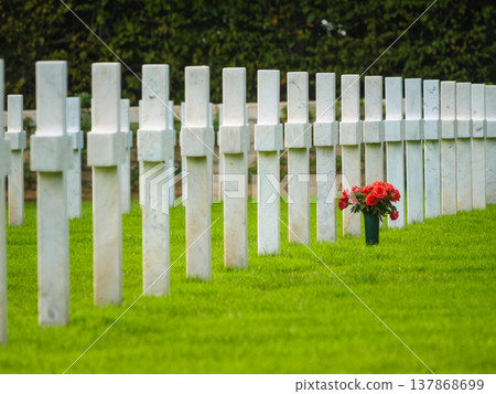 Crosses stand in a row as flowers sit at a grave in a cemetery where people remember their loved ones Crosses stand in a row as flowers sit at a grave in a cemetery where people remember their loved ones 137868699