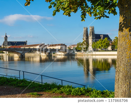 Church St Martin and Abbey of the Premontres in town Pont a Mousson on the Moselle River, France Church St Martin and Abbey of the Premontres in town Pont a Mousson on the Moselle River, France 137868706