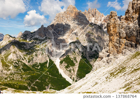 Amazing views of the picturesque high Dolomites mountains, lawns and forest 137868764