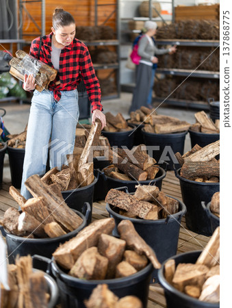 Girl chooses and buys a bundle of firewood at hardware store. 137868775