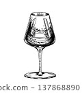 A black and white wine glass with a drink, splashes, and bubbles, hand-drawn vector illustration in a retro style. Line art in an ink style. Design element for wine labels, event decorations, and 137868890