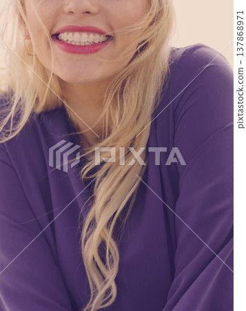 Woman with red lips having braces 137868971