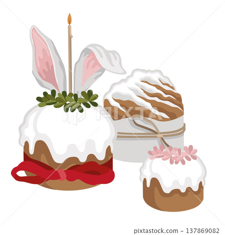 Hand-drawn Easter cakes composition with bow and candle, Easter greeting card design or poster or product design 137869082