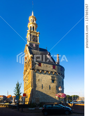 Hoofdtoren tower on Hoorn town harbor, Netherlands 137869267