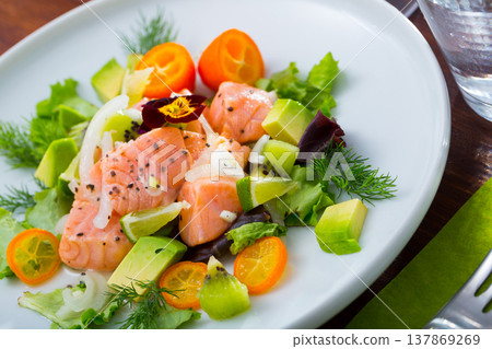 Ceviche from salmon on plate with cumquat, green dill and avocado Ceviche from salmon on plate with cumquat, green dill and avocado 137869269