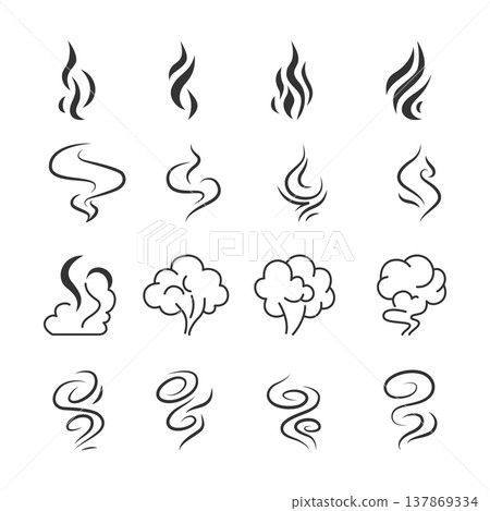 Set of black smoke, steam and swirl symbols arranged on white background 137869334