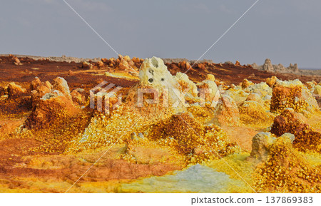 Sulfur dunes and mineral structures in the Dallol geothermal region of Ethiopia 137869383