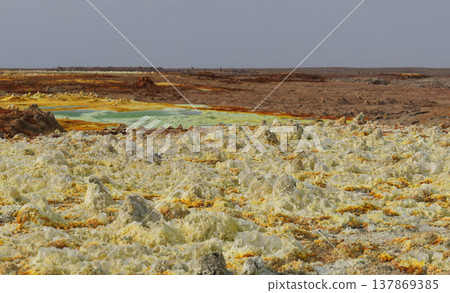 Acidic geothermal ponds and sulfur/salt topography of Dallol, Ethiopia Acidic geothermal ponds and sulfur/salt topography of Dallol, Ethiopia 137869385