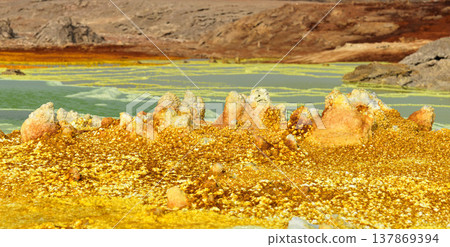 Sulfur ridge formed along the acidic geothermal lake of Dallol, Ethiopia 137869394