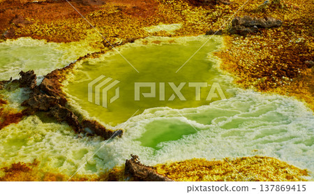 Close-up of the acidic sulfur pools and salt crust in Dallol, Ethiopia 137869415