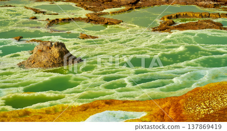Green mineral pools and salt ridges in Dallol, Ethiopia Green mineral pools and salt ridges in Dallol, Ethiopia 137869419