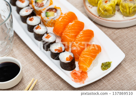 Set of different sushi maki, uramaki and nigiri on plate 137869510